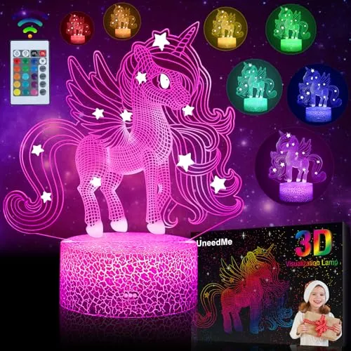 UneedMe Einhorn Nachtlicht für Kinder, 3D Lichtlampe 16 Farben mit Touch Schalter & Fernbedienung, 3-10 Jahre Einhorn Geschenke für Mädchen, Babyzimmer Kawaii Deko Schlafzimmer Lampe