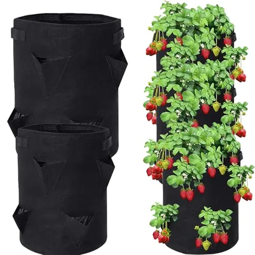 YUEcthynous Pflanzsack,5 Stück Pflanztasche aus Vliesstoff Pflanztöpfen, Pflanzenbehälter mit Griffe für Tomaten, Blumen, Pflanzen und mehr, Schwarz - 5 Gallonen (C)