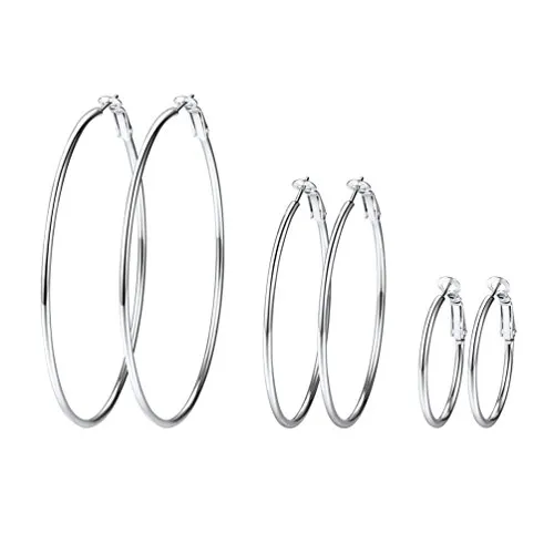 PROSTEEL 3er Ohrringe Set für Damen Edelstahl Creolen Huggie Kreolen Ohrringe Hoop Klappcreolen Ohrschmuck 30mm 50mm 70mm 3 Größe Set, silber
