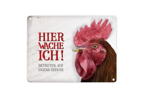 speecheese Metallschild Metallschild mit Hahn Motiv und Spruch: Betreten auf eigene Gefahr