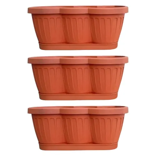 Blumenkasten 3er Set 60cm Terrakotta mit Untersetzer - Praktisches 3er Set Blumenkästen aus robustem Kunststoff, ideal für drinnen und draußen. Inklusive Bewässerungsuntersetzer für eine einfache Pflege Ihrer Pflanzen.