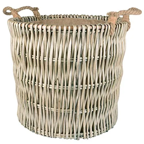 Korb Weide rund 2 Seilgriffe innen grau weiß Ø 50 - Aschesauger - Hochwertiger Weidenkorb mit Seilgriffen für einfachen Transport, ideal für Kaminholz oder Wäsche, stilvolles Design mit Jutestoffauskleidung.