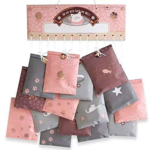 Papierdrachen Katzen Adventskalender 2025 - Papiertüten zum Befüllen - in 4 Designs - mit Stickern - DIY-Geschenkidee - Haustier - inkl. Aufhängung