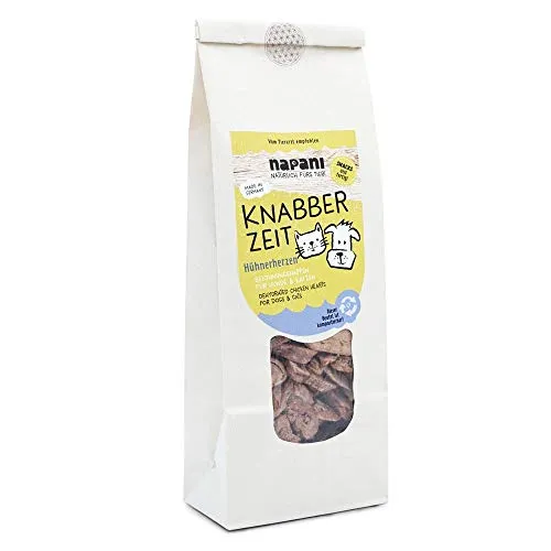 napani - Knabber Zeit - Hühnerherzen, Hunde leckerlis, getrocknete Belohnungshappen für Hund & Katze, Leckerlies für artige Hunde & Katzen, getreidefrei & glutenfrei, 1 x 150g