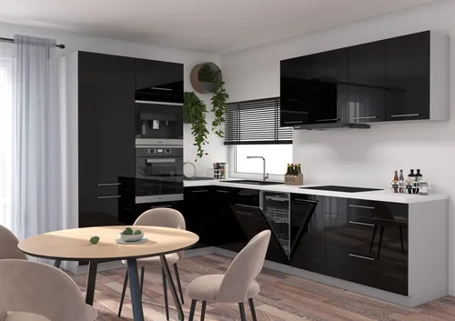 L-Form Küchenzeile ESSEN 225x328cm - Modern in Grau und Schwarz - Einbauküche mit 5 Schubladen und Soft-Close-Funktion, ideal für modernes Wohnen. Hochglanz-Acrylfront und Teilauszug bieten Komfort und Stil.
