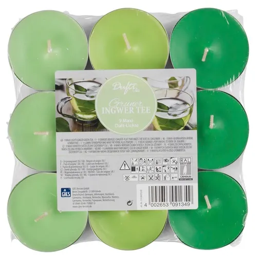 Gies Kerzen Maxi Duftteelichter, Brenndauer 8 Stunden, intensive Duft Teelichter, Teelichter, duftende Teelichter, Duftkerzen, Kerzenduft (Grüner Ingwertee (hellgrün-grün-grasgrün), 9)