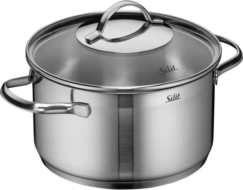 Silit Achat Kochtopf groß 20cm mit Glasdeckel - Edelstahl Fleischtopf 3,3l, unbeschichtet und backofengeeignet, ideal für alle Herdarten und sorgt für optimale Wärmeverteilung.