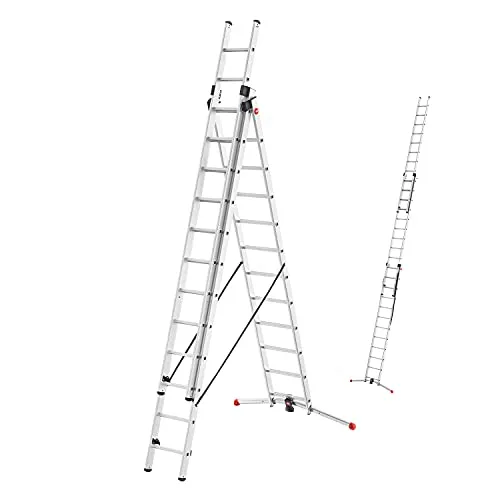 Hailo Mehrzweckleiter S100 ProfiLOT, 3-teilig mit 12 Sprossen - Leiter für vielseitige Anwendungen, max. Arbeitshöhe 9,01 m, LOT-System für Unebenheiten, 150 kg belastbar, Made in Germany.