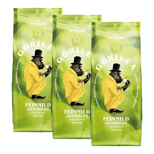 3x Gorilla Kaffee Feinmild gemahlen 500g – Mild und leicht geröstet - Genießen Sie den milden Geschmack dieses hochwertigen Kaffeepulvers. Ideal für entspannte Kaffeemomente, perfekt für Filterkaffee und Vollautomaten.