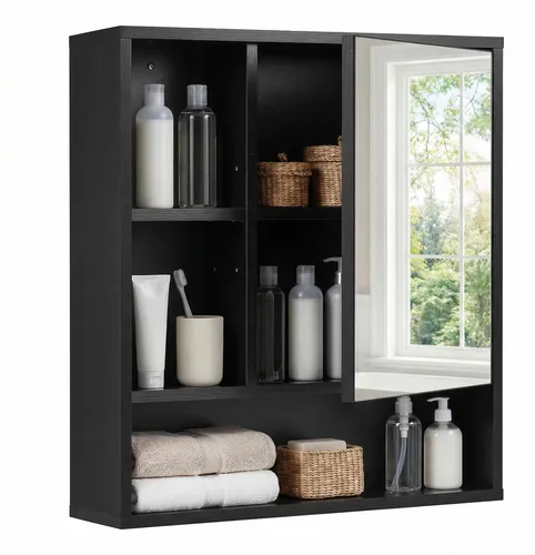 COSTWAY Spiegelschrank mit offenen Fächern und Spiegeltür, 55x16x61 cm Schwarz