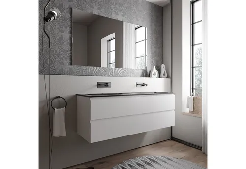 Bernstein Waschbeckenunterschrank AVA 140 cm in Weiß matt mit Mineralguss-Waschbecken - Eleganter Waschtischunterschrank AVA 140 cm mit Doppelwaschbecken aus Mineralguss. Ideal für Familien, bietet er großzügigen Stauraum und Soft-Close-Schubladen. Wählen Sie zwischen verschiedenen Farben für eine stilvolle Badgestaltung.