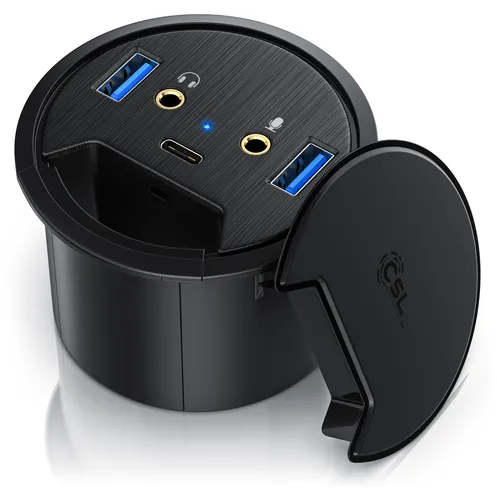 CSL Computer-Adapter Tisch Kabeldurchführung Hub 2x USB 3.2 Gen1 Typ A, 1x USB-C, 2x 3,5mm - USB-Hub in elegantem Schwarz, ermöglicht einfache Kabeldurchführung und bietet vielseitige Anschlussmöglichkeiten für Ihre Geräte.
