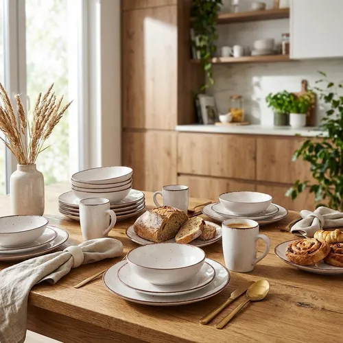 tlg. Kombiservice Tafelservice + 6 Bechern weiss mit Punkte Design Geschirrset Tafelset Geschirr 6 Personen Essservice Tellerset 24tlg. 24