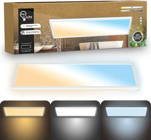 B.K.Licht LED Panel mit Fernbedienung, 58x20cm, 22W, dimmbar - Das LED Panel sorgt mit 3000 Lumen für gleichmäßige Ausleuchtung und ist ideal für verschiedene Räume. Dank der stufenlosen Dimmfunktion und drei Lichtfarben passt es sich perfekt an Ihre Bedürfnisse an. Spritzwassergeschützt (IP44) für den Einsatz im Badezimmer.