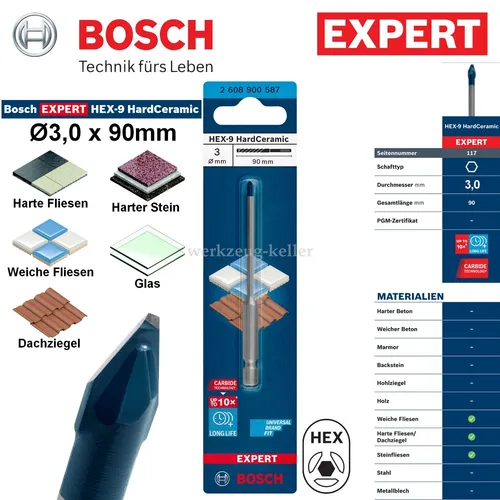 Bosch Bohrer Expert HEX-9 HardCeramic - 5-teiliges Set, 4-10mm, für präzises Bohren in Fliesen und harten Materialien, hält bis zu 10-mal länger als Standardbohrer