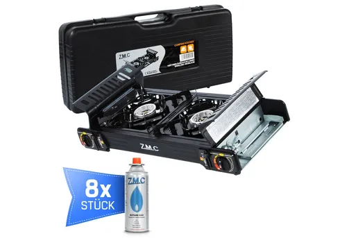 ZMC Gaskocher PREMIUM 2 Flammig Campingkocher Outdoor Gaskocher + 8x Gaskartuschen, (Doppel Kartuschenkocher Gasherd Kochfeld mit Piezozündung Wärmeleistung: 2,0KW), Butan Gas 227g Gaskocher Outdoor Camping Gas Kocher Herd Butangas