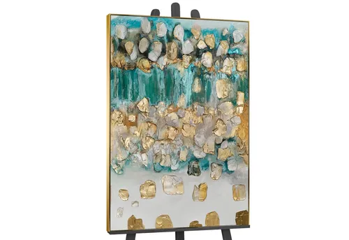 YS-Art Gemälde Rhythmus der Unendlichkeit, Abstraktion, Leinwandbild Abstrakt gerahmt mit viel Goldanteil und Türkis