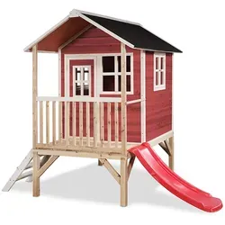 EXIT Holzspielhaus Loft 300 - Rot - Spielplatz für Kinder, aus FSC® zertifiziertem Zedernholz, wetterfest und langlebig, inklusive Rutschbahn und Veranda für unvergessliche Spielmomente.
