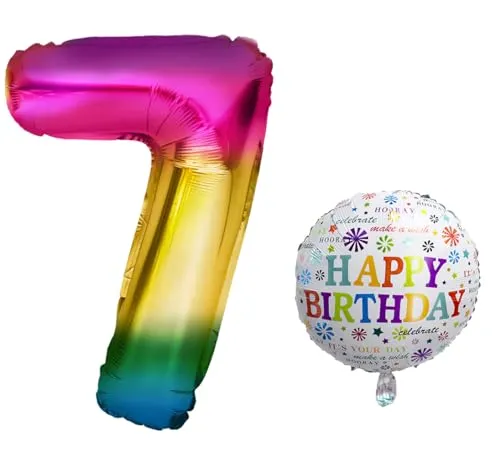 Luftballon 7. Geburtstag - XXL Riesen Folienballon Set 101cm + 45cm + 5M Deko Band - Helium Geeignet - Wiederverwendbar - Geburtstagsdeko für Jungen und Mädchen - Zahl 7