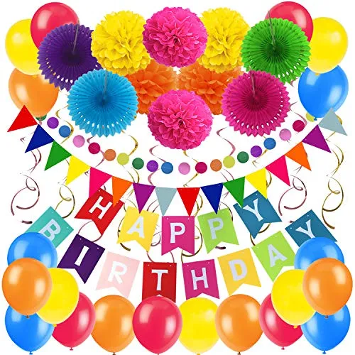 Geburtstag Partei Dekoration, Zerodeco Happy Birthday Wimpelkette Banner Girlande mit Pompoms Papier Girlande Fans Fächer Dreieckige Wimpel Spiral Girlanden und Luftballon - Mehrfarbig