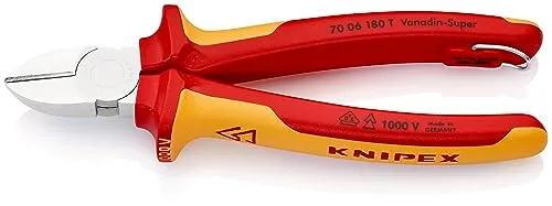 Knipex 70 06 180 T VDE Seitenschneider 180mm - VDE-zertifizierter Seitenschneider, ideal für Elektriker. Präzisionsschneiden aus hochwertigem Vanadin-Elektrostahl für saubere Schnitte, auch in engen Räumen. Robuste Bauweise für lange Lebensdauer.