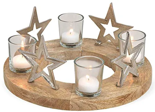 matches21 Adventskranz Adventsgesteck Holz mit Metall Sternen & Glas Kerzenhalter Tisch-Deko Silber braun Ø 30x12 cm