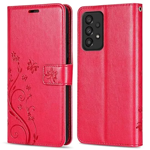betterfon Hülle Kompatibel mit Samsung Galaxy A53 5G | Premium PU Leder Handyhülle Wallet Case für Galaxy A53 5G | Schutzhülle Blumen Klapphülle Handyhülle | Rot