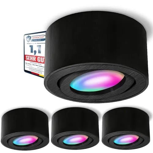 SSC-LUXon LED Aufbaustrahler CELI-1B - RGB & Warmweiß bis Tageslicht - Lampen: 4er Set mit schwenkbaren, flachen Aufbaustrahlern in gebürstetem Schwarz. Ideal für stimmungsvolle Beleuchtung, energieeffizient und langlebig mit 25.000 Std. Leuchtdauer.