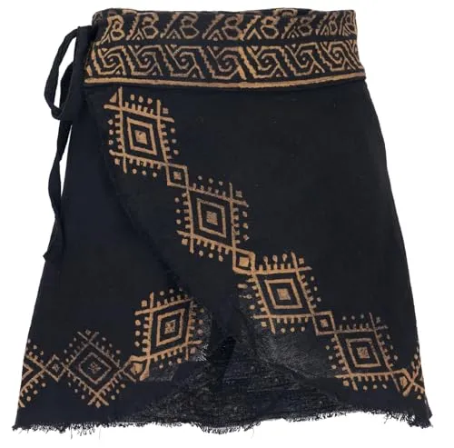 GURU SHOP Natürlicher Goa Minirock - Bedruckter Ethno Wickelrock für Damen, Schwarz, Size:M - Einzigartiger Wickelrock aus hochwertigem Baumwoll-Nesselstoff mit handbedruckter Bordüre. Ideal für einen individuellen Look und komfortables Tragen im Alltag.