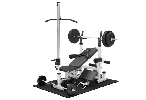 GORILLA SPORTS Multipresse mit verstellbarer Hantelablage - Vielseitige Multipresse mit Latzugturm, Butterfly, Curlpult und Beincurler – ideal für ein effektives Krafttraining zu Hause.