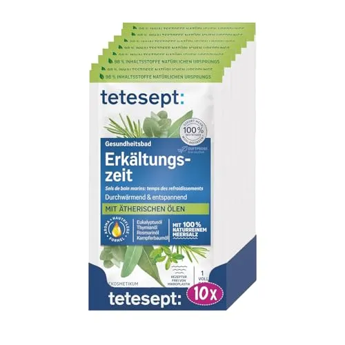 tetesept Meeressalz Erkältungszeit Bad – 10 x 80 g – Gesundheitsbad für die kalte Jahreszeit mit 6 ätherischen Ölen – Wohltuender Badezusatz mit natürlichem Meeressalz