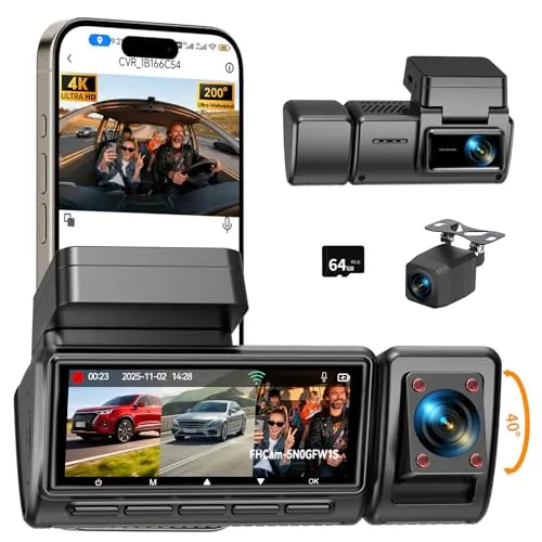 4K Dashcam Auto,3 Kanal Vorne Hinten Innen Dash Cam,490° Rundumschutz | Auto Kamera mit 64GB SD Karte,3.16