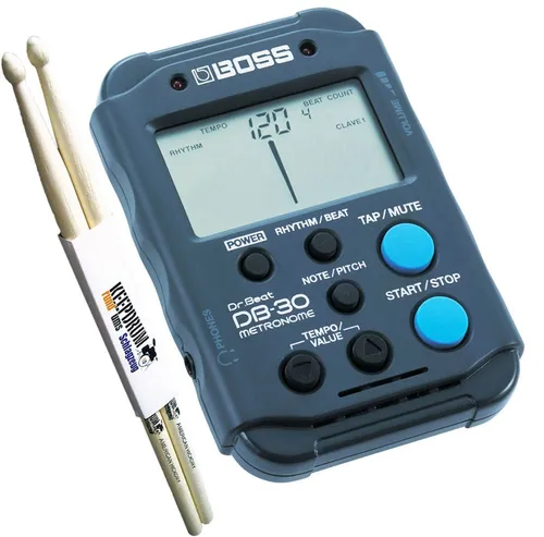 Boss Metronom DB-30 Dr Beat mit Drumsticks - Kompaktes Metronom mit LCD Display und 24 Beat-Variationen, ideal für Musiker und Übende. Inklusive hochwertiger Hickory Drumsticks für optimale Haltbarkeit und Performance.