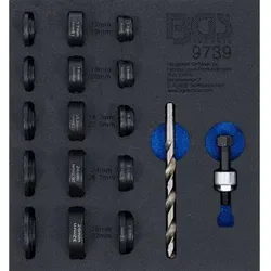 BGS 9739 Werkstattwageneinlage 1/6: Lochstanz-Satz für Einparksensoren - Locher für präzise Bohrungen in Kunststoffstoßfängern, inklusive 5 Lochstanzen für verschiedene Durchmesser und langlebigen HSS Spiralbohrer.