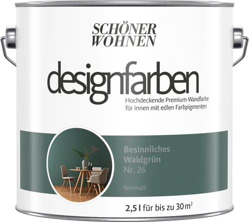 Schöner Wohnen Designfarbe Waldgrün 2,5L - Farbe für den Innenbereich, matt und UV-beständig, ideal für Esszimmer. Deckt 21-30 m² ab und ist nach 6 Stunden überstreichbar.