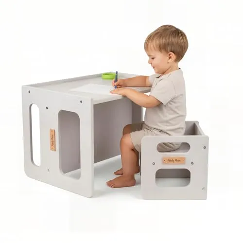 KiddyMoon Kindertisch Mit Stuhl Für Kinder Runde Tresor Kanten Kinderzimmer Möbel, Grau