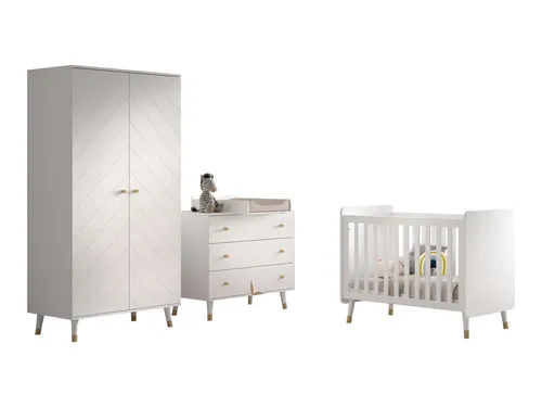 aufm Kessel Babymöbel-Set Kamillah 2 - Komplett Babyzimmer Set - Hochwertiges Babyzimmer Set aus MDF in Satin Weiß, inkl. Babybett, Kommode und Kleiderschrank. Retro-Optik mit stabiler Konstruktion, ideal für eine stilvolle und praktische Einrichtung.