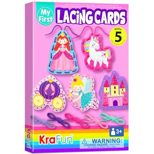 KRAFUN Prinzessin-Einhorn-Schnürkarten-Set für Kinder ab 3 Jahren, 5 Anfänger-Projekte mit Prinzessin, Einhorn, Schloss, Anleitung, Feinmotorik-Spielzeug