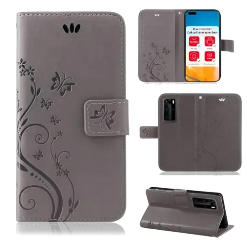 betterfon Hülle Kompatibel mit Huawei P40 Pro | Premium PU Leder Handyhülle Wallet Case für P40 Pro | Schutzhülle Blumen Klapphülle Handyhülle | Grau