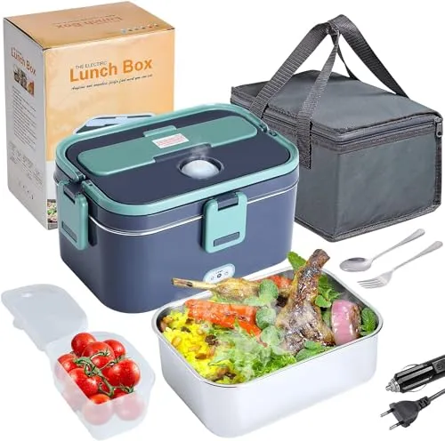 HapopFan Elektrische Lunchbox, 80W schnellere Lebensmittelheizung 1.8L Großraum-LKW-Lebensmittelwärmer Mittagswärmer Tragbare beheizte Lunchbox mit Tragetasche Gabellöffel für Auto Home Office