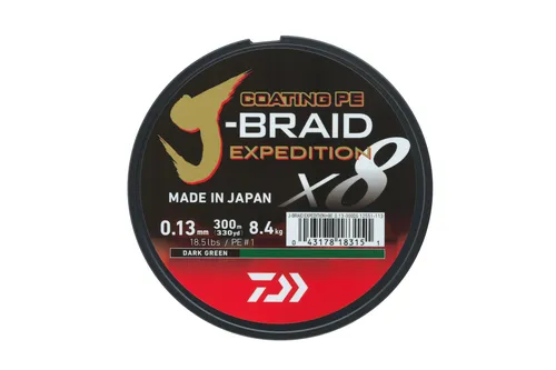 Daiwa J-Braid Expedition X8E 0.22mm-300m d. green - Angelschnur aus hochwertigen japanischen Izanas Fasern, überzeugt durch enge Flechtung für maximale Stärke und Haltbarkeit beim Angeln.