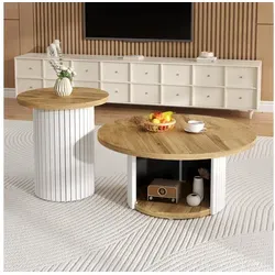 REDOM Couchtisch Couchtisch-Set 75x50x75 cm + 45x35x45 cm, natur, mit Ablage (Packung, 2-St., Ein runder Haupt- und ein zweiter runder Couchtisc), Beistelltisch mit Naturholzlatten,mit Ablagefächer beige 75 cm x 50 cm x 75 cm