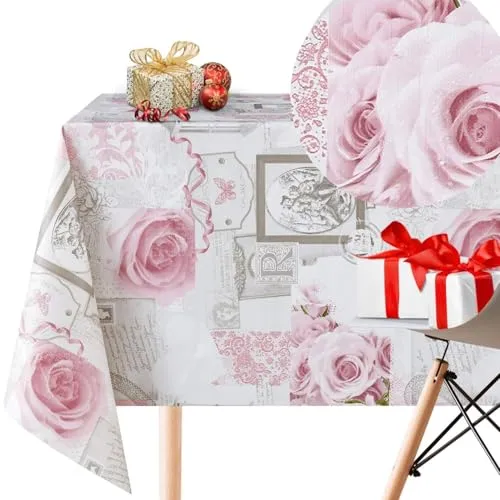 KP HOME Grau Wachstuchtischdecke Staubige Rosa Blumen Rosen Romantisch Shabby Chic Stil Wasserdicht Wachstuch Rechteckig 250x 140 Wachstischdecke PVC Tischdecke Abwischbare Kunststoff Pflegeleich