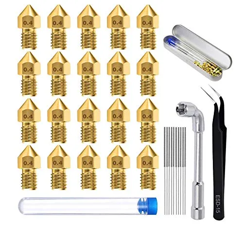 0.4 mm 3D Drucker Düsen/MK8 Extruder Messing Nozzle Set (20 Stück), 3D Drucker Zubehör für 1.75 mm 3D Drucker mit 0.35 mm Düsenreiniger Tool(10 Stück), Demontagewerkzeug,Metall Aufbewahrungsbox