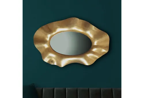 FINEBUY Wandspiegel in Gold Metall 60x90 cm, Asymmetrischer Hängespiegel - Eleganter Badspiegel: Ideal für optische Weite und Lichtreflexion, perfektes Deko-Element für jeden Raum.