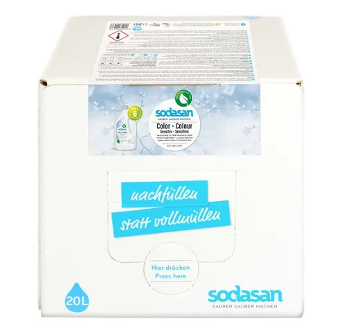 SODASAN Waschmittel Color Sensitiv 20 Liter - Waschmittel im plastikreduzierten Bag-in-Box-System, duftfrei und ideal für sensible Haut. Dermatologisch getestet, vegan und 86 % weniger Plastikmüll.