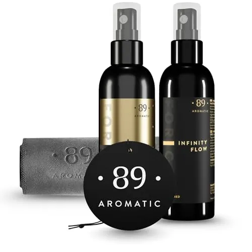 Aromatic •89• Geschenkset Autopflegeset – Jasmin, Kaffee & Vanille Duft – Innenraumreiniger & Cockpitreiniger Set mit Autoduftspray, Mikrofasertuch & Hängepapier Lufterfrischer für Auto Pflege