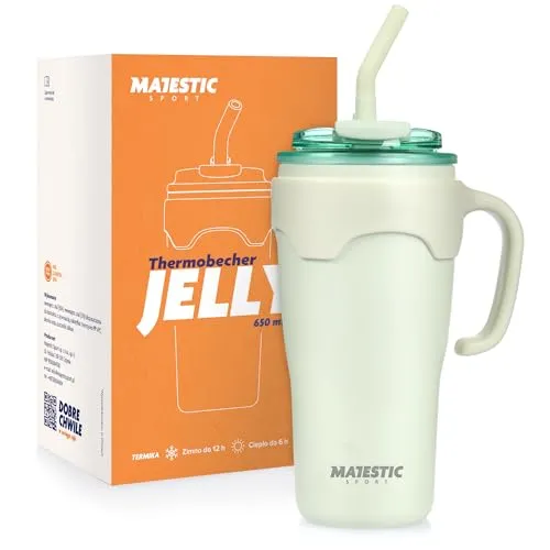 Majestic Sport Jelly Trinkbecher mit Deckel und Strohhalm 650 ml mit Henkel – Edelstahl Thermobecher mit Henkel, isolier Becher mit Strohhalm, Grün