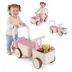 COSTWAY 3 in 1 Kinderwagen mit Rollen, Schiebe-Zieh-Lauflernwagen mit Stauraum, klappbarem Griff, Trittbrett&Zugseil, Schiebewagen,Lauflernhilfe (3-6) - Rosa