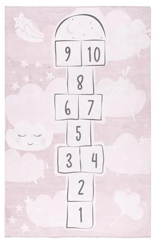 Kinderteppich Rosa mit Hinkelspiel 155 x 225 cm – Waschbar & rutschfest – Weicher Spielteppich für Mädchenzimmer - Schlafzimmer Teppich